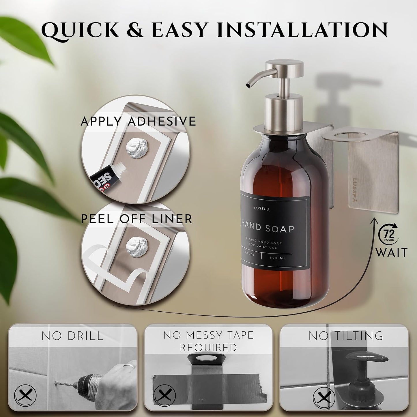 Shower Shampoo Dispenser Wall Mounted – 3 Refillable 16.9 oz Clear Bottles with Stainless Steel Pumps & No-Drill Adhesive Holders – Soap Dispenser Set for Bathroom (3 X Clear/Silver)