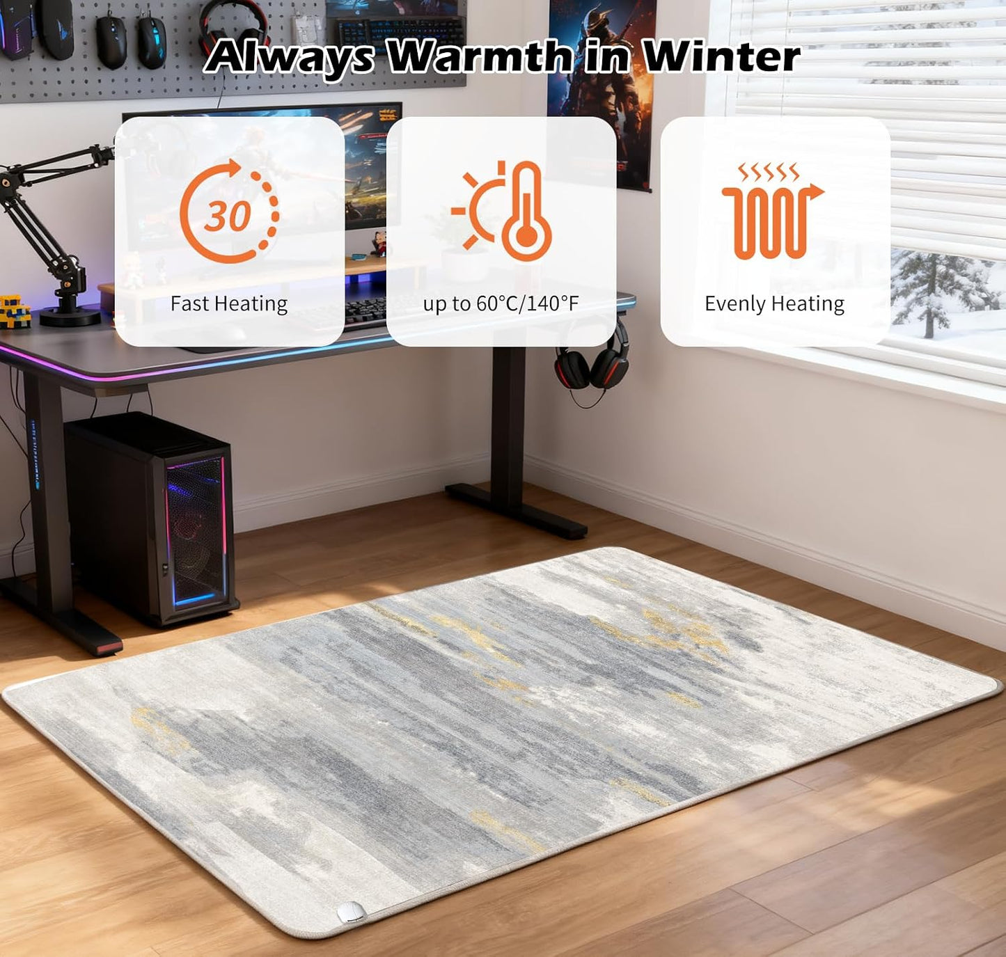 Electric Heated Carpet 35x55in Soft Plush Heating Rug 450W CX | Instant Warmth in 30s, 60 Heat Levels 12h Timer, Energy Efficient Safety Protection Ideal for Home Office Playroom 120V