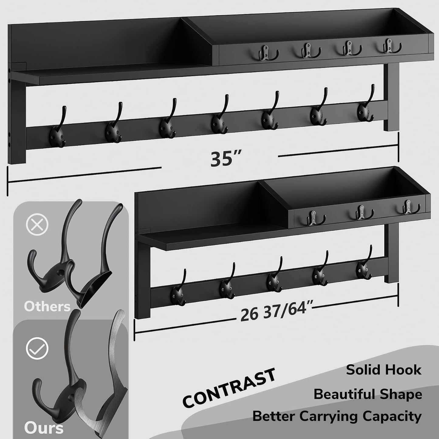 AMBIRD Wall Hooks with Shelf, 26.57 Inch Entryway Wood Coat Hooks for Wall with Shelf, Coat Rack Wall Mount with 5 Dual Hooks 3 Key Hooks Mail Organizer and Key Rack Holder (Brown)