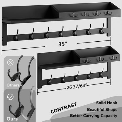 AMBIRD Wall Hooks with Shelf, 26.57 Inch Entryway Wood Coat Hooks for Wall with Shelf, Coat Rack Wall Mount with 5 Dual Hooks 3 Key Hooks Mail Organizer and Key Rack Holder (Brown)