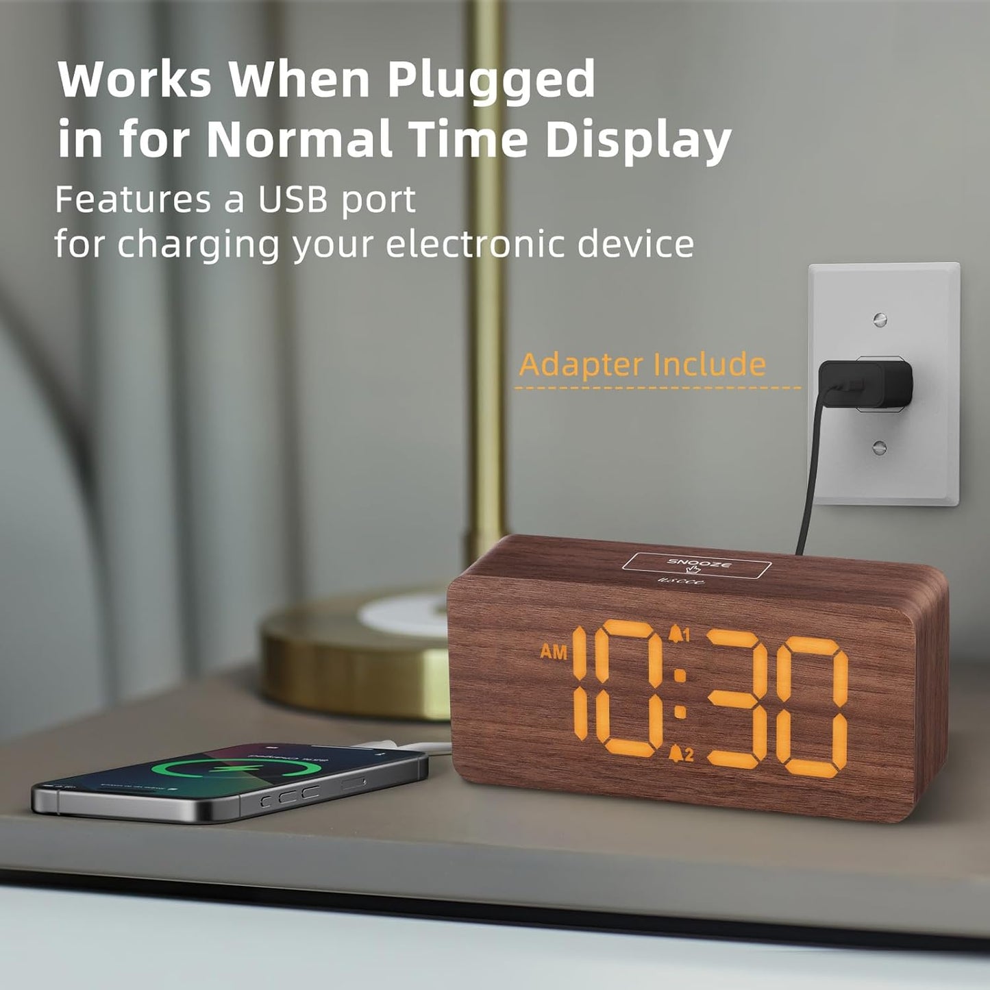 uscce Wooden Digital Alarm Clocks for Bedrooms with 0-100% Dimmable Display | Desk Clock with Large Numbers for Living Room - Loud Dual Alarm for Heavy Sleepers with Volume Control - Wood Decor & Gifts