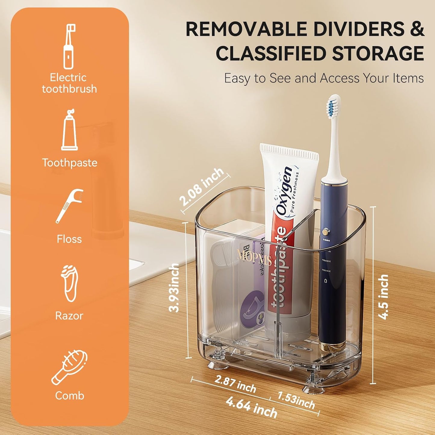 MOPMS Toothbrush Holders with Drainage for Bathrooms Countertop Organizer | 2 Slots Electric Toothbrush Holder Wall-Mount with Divider for Easy Clean, Tooth Brush and Toothpaste Holder for Bathroom