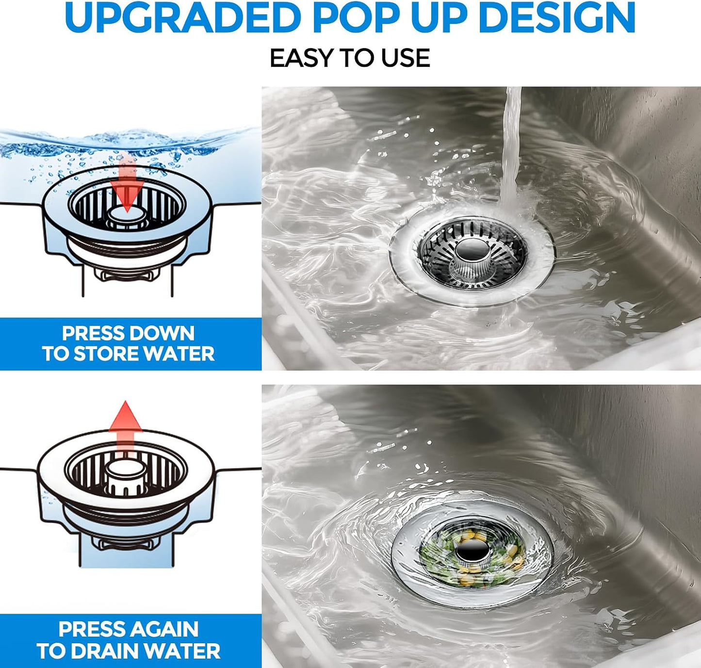 3 in 1 Kitchen Sink Drain Strainer Stopper Removable Basket Pop-Up | Kitchen Sink Food Strainer 1 Pack Silver Stainless - Food Catcher, Odor-Block Seal, Fits 3.5" Drain, Easy Clean