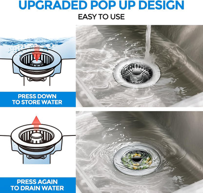 3 in 1 Kitchen Sink Drain Strainer Stopper Removable Basket Pop-Up | Kitchen Sink Food Strainer 1 Pack Silver Stainless - Food Catcher, Odor-Block Seal, Fits 3.5" Drain, Easy Clean