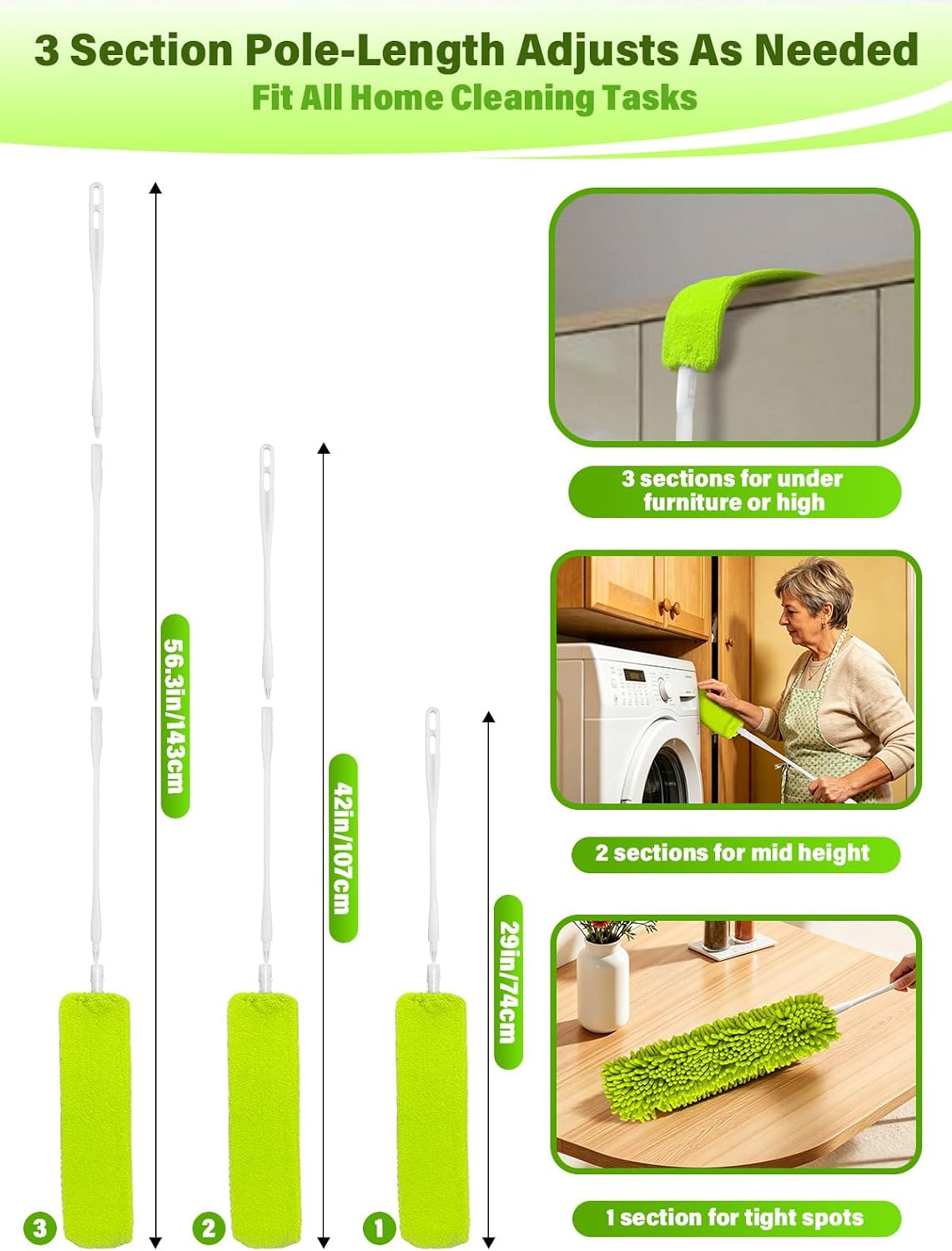 Bend-Free Gap Dust Cleaner Cleaning Tools Washable Flat Duster Brush with 4 Microfiber Chenille Dusting Cloths Long Handle 56 inches for Cleaning Under Appliances Furniture Couch Bed Fridge
