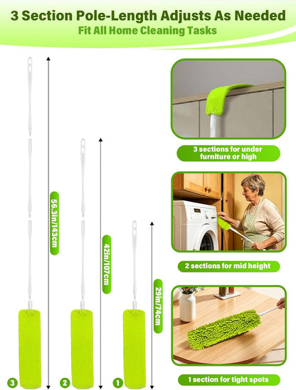 Bend-Free Gap Dust Cleaner Cleaning Tools Washable Flat Duster Brush with 4 Microfiber Chenille Dusting Cloths Long Handle 56 inches for Cleaning Under Appliances Furniture Couch Bed Fridge