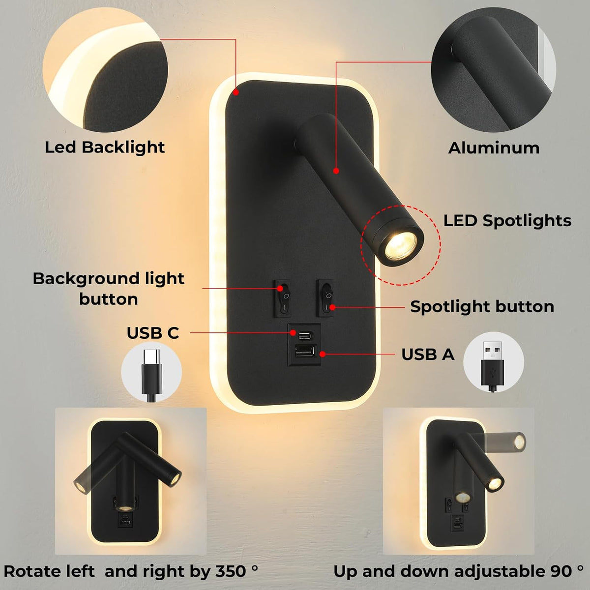 Wall Sconce Plug in with Wall Mounted Reading Lights,Modern Wall Lamp for Bedroom with Charging Station USB C+A Ports,Headboard Bedside Lamps with 3W+9W Night Light,3 Color Temperature