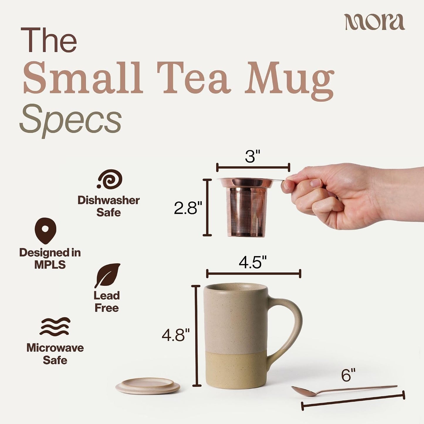 Mora Ceramics Tea Cup with Loose Leaf Infuser, Spoon and Lid, 12 oz, Microwave and Dishwasher Safe Coffee Mug - Rustic Matte Ceramic Glaze, Modern Herbal Tea Strainer - Great Gift for Women, Garnet