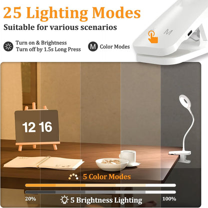 Rechargeable Clip Light, LED Bed Reading Lamp for Headboard & Desk | Strong Clamp, Portable, Cordless Battery Book Light w/ USB-C Cable, 25 Eye-Care Lighting Modes, Flexible Arm, Dorm Bunk Bed