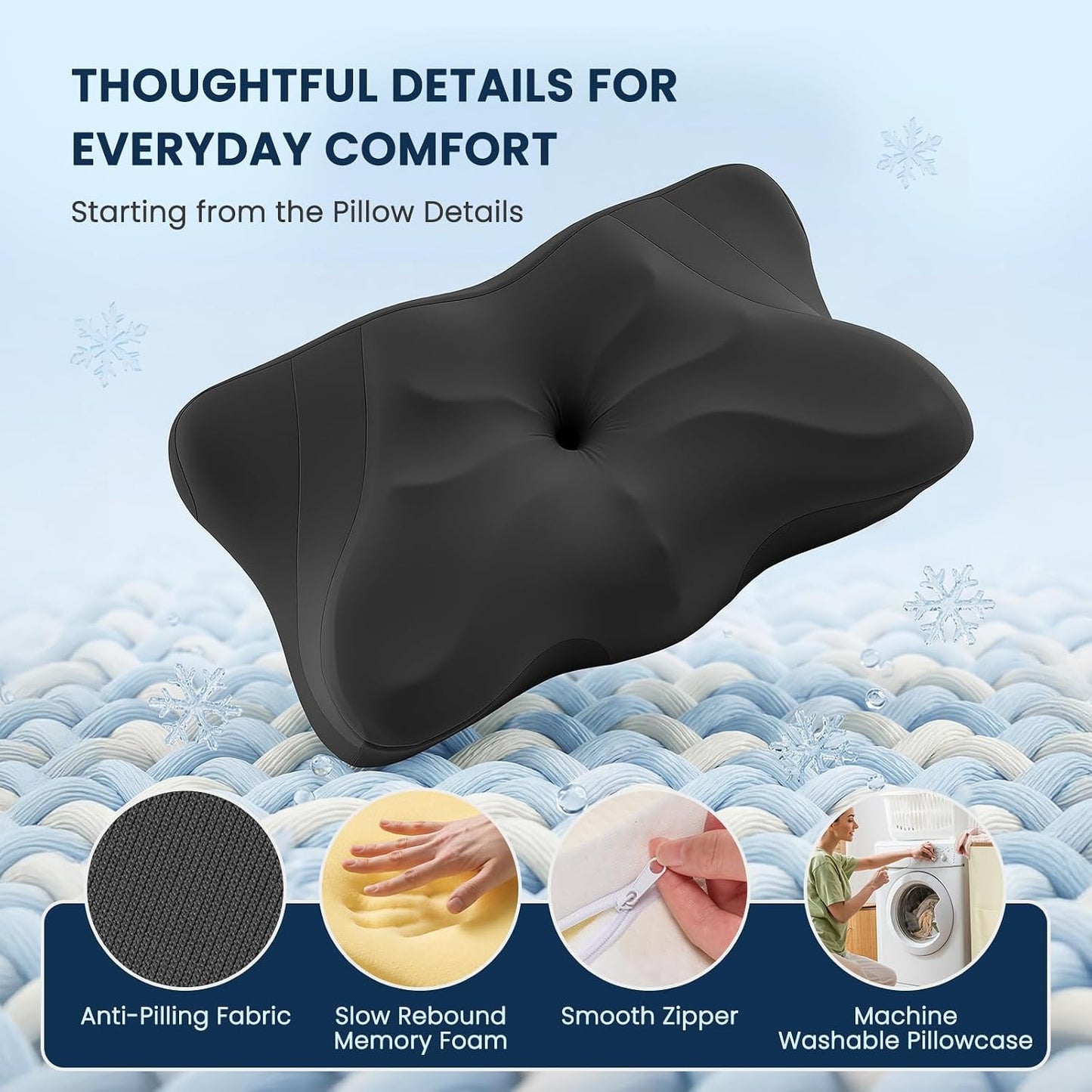 Sweetcrispy Cervical Pillow for Neck and Shoulder - Ergonomic Memory Foam Pillows, Contour Side Sleeper for Adults, Cooling Orthopedic Neck Support for Back Stomach Sleepers, White