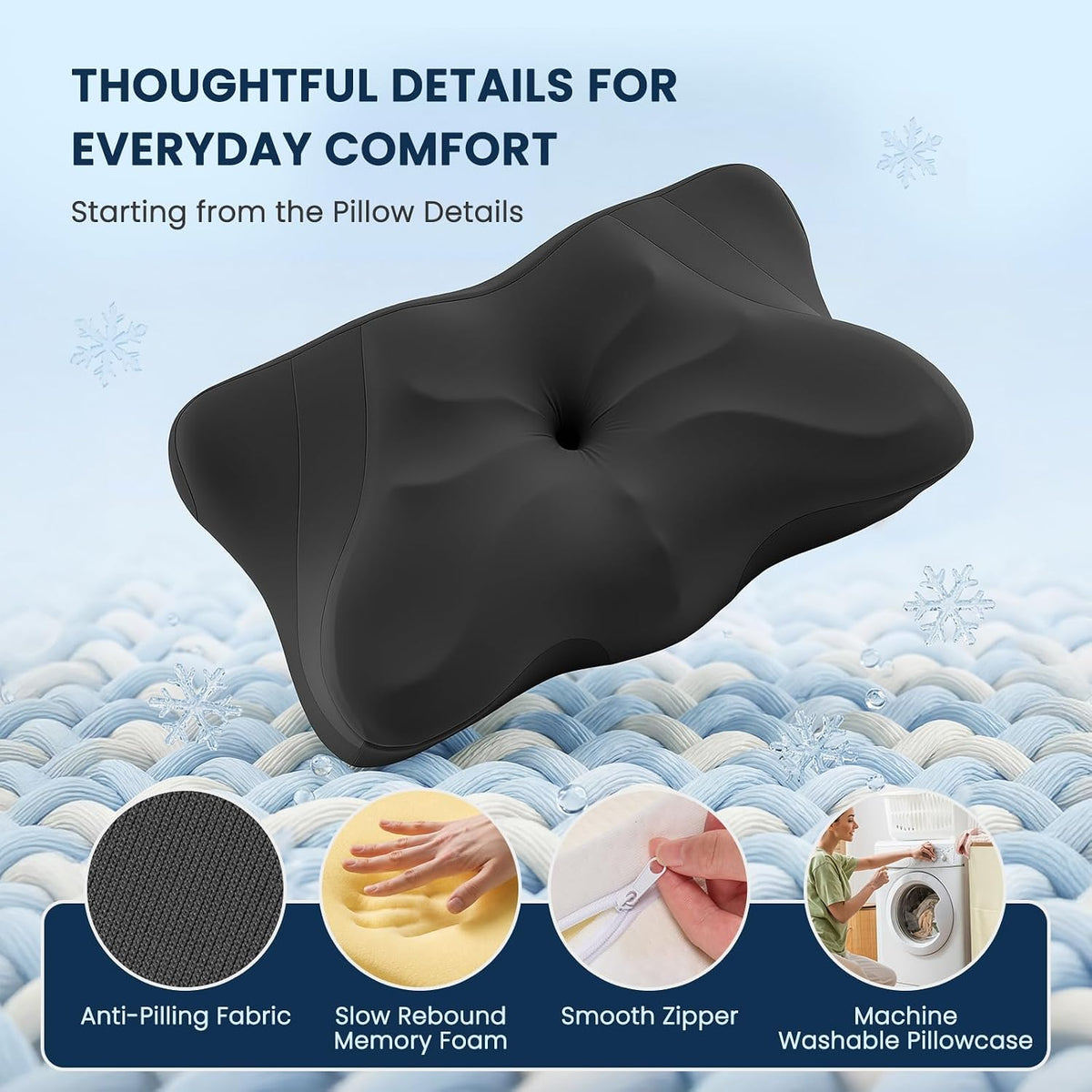 Sweetcrispy Cervical Pillow for Neck and Shoulder - Ergonomic Memory Foam Pillows, Contour Side Sleeper for Adults, Cooling Orthopedic Neck Support for Back Stomach Sleepers, White