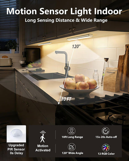 SZOKLED Motion Sensor Night Lights, 58-LED RGB Under Cabinet Lighting Wireless, 1100mAh Rechargeable Under Cabinet Lights Dimmable Closet Lights for Step, Stair, Kitchen,Hallway (2 Pack)