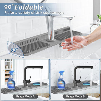 PoYang 24 Inch Faucet Mat for Kitchen Sink Splash Guard, Silicone, Black | Sink Protectors with 7° Slope for Smooth Drainage, Snap Button Holds It in Place, 90° Foldable & Cuttable Hole Fit Most Sinks