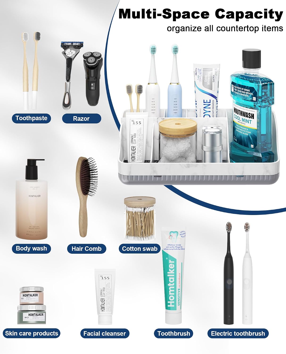 Bathroom Counter Organizer and Storage, 7 Slots Detachable Toothbrush Holders for Bathrooms, Anti-Slip Electric Toothbrush and Toothpaste Holder Countertop Vanity Organizer Accessories for Adults Kids