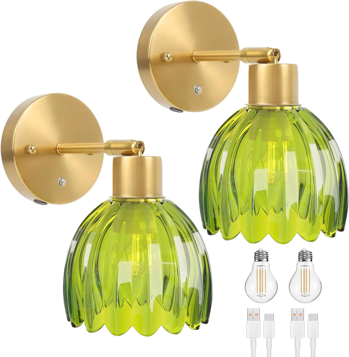 Battery Operated Wall Sconces, Rechargeable Green Glass Shades, Set of 2