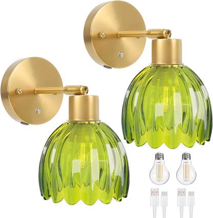 Battery Operated Wall Sconces, Rechargeable Green Glass Shades, Set of 2