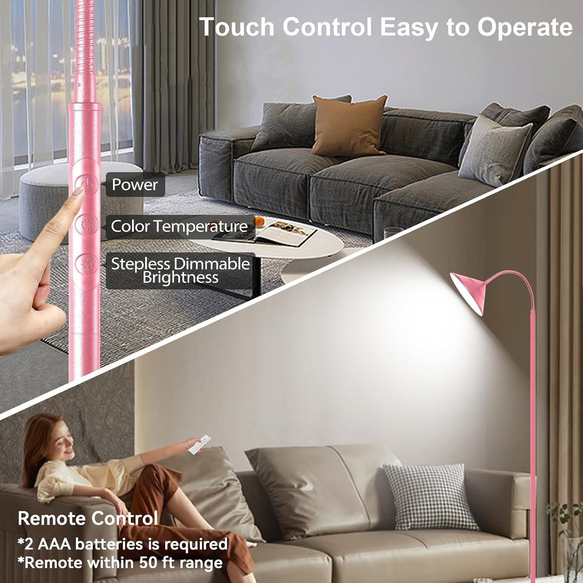 Yikuneng Dimmable LED Floor Lamp, Super Bright Reading Lamps Floor Standing lamp with Remote & Touch Control, Stepless Dimming & 2700K-6500K Color Temperature, for Living Room Bedroom Office, Black
