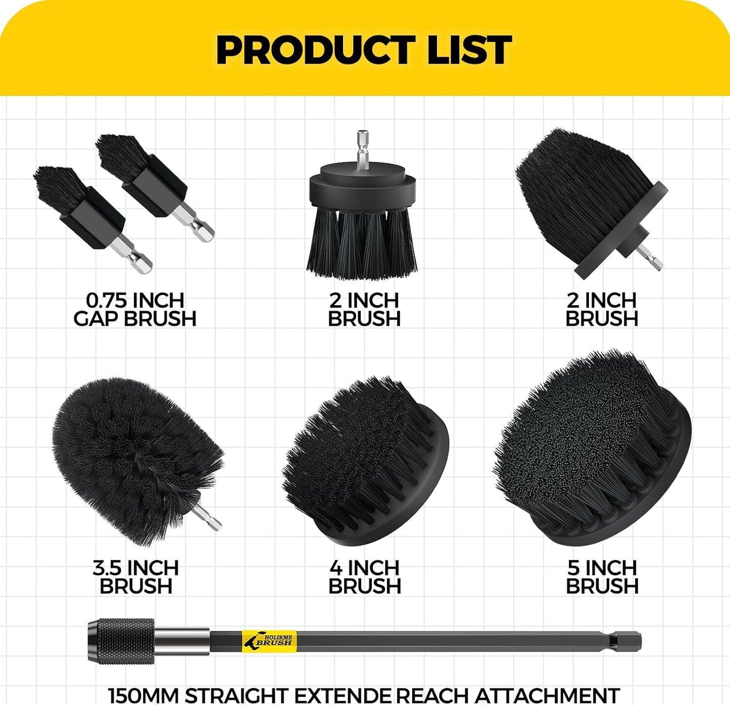 Holikme 8Piece Drill Brush Attachment Set - Power Scrubber Cleaning Kit | Nylon Fibers, Power Scrubber Attachments for Tile, Shower, Floors, Kitchen and Auto Interior Care, Cleaning Tools, Yellow