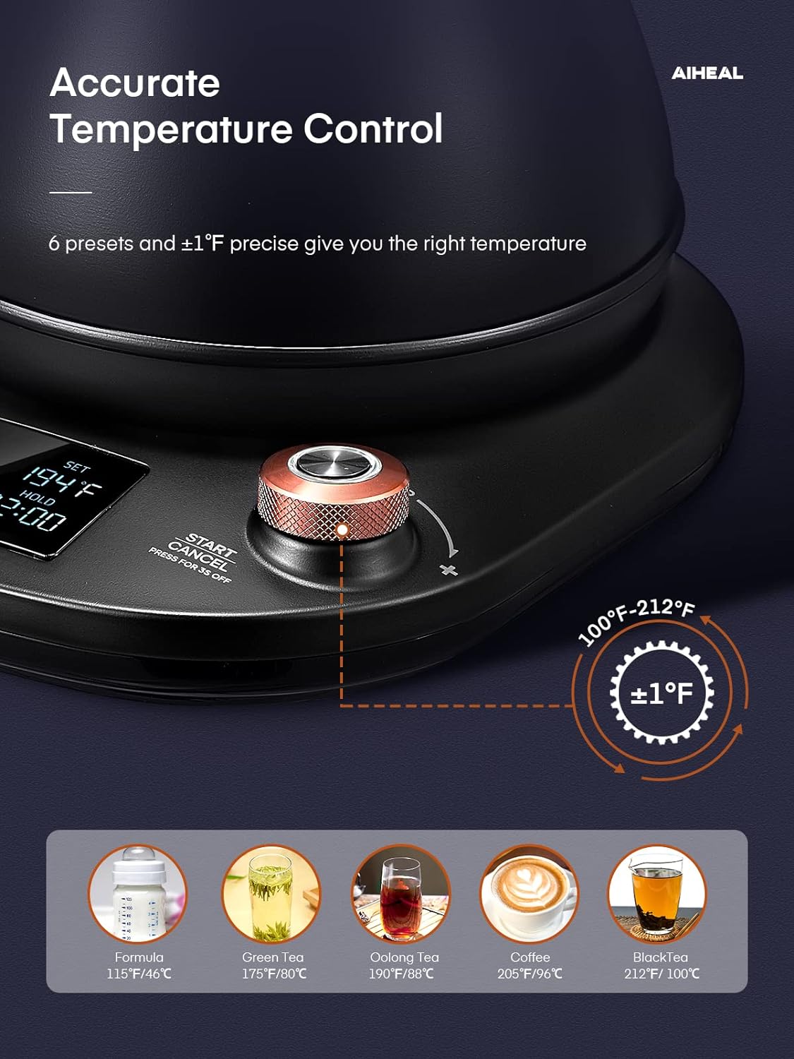 Electric Gooseneck Kettle Temperature Control, Pour Over Electric Kettle for Coffee and Tea, 100% Stainless Steel Inner, 1200W Rapid Heating, 0.8L, Built-in Stopwatch, Matte Black