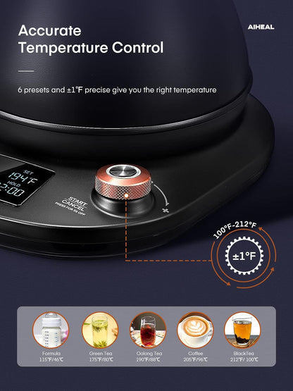 Electric Gooseneck Kettle Temperature Control, Pour Over Electric Kettle for Coffee and Tea, 100% Stainless Steel Inner, 1200W Rapid Heating, 0.8L, Built-in Stopwatch, Matte Black