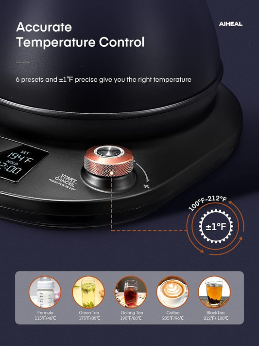 Electric Gooseneck Kettle Temperature Control, Pour Over Electric Kettle for Coffee and Tea, 100% Stainless Steel Inner, 1200W Rapid Heating, 0.8L, Built-in Stopwatch, Matte Black