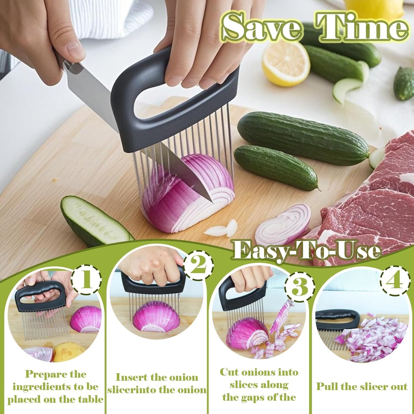 FANTEXY Onion Holder for Slicing - Onion Slicer and Meat Tenderizer Extra Large 16-Prong 304 Stainless Steel, Vegetable Chopper for Potatoes, Tomatoes Slicer Tool for Lemons,Avocados,Carrot