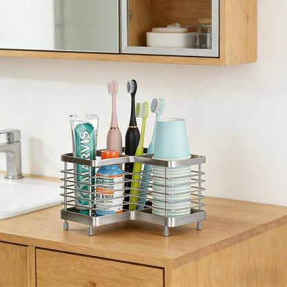 Toothbrush Holders for Bathrooms, 4 Slots Metal Tooth Brushing Organizer | Rustproof Electric Tooth Brush Toothpaste Holder with Drainage for Bathroom Countertop, White