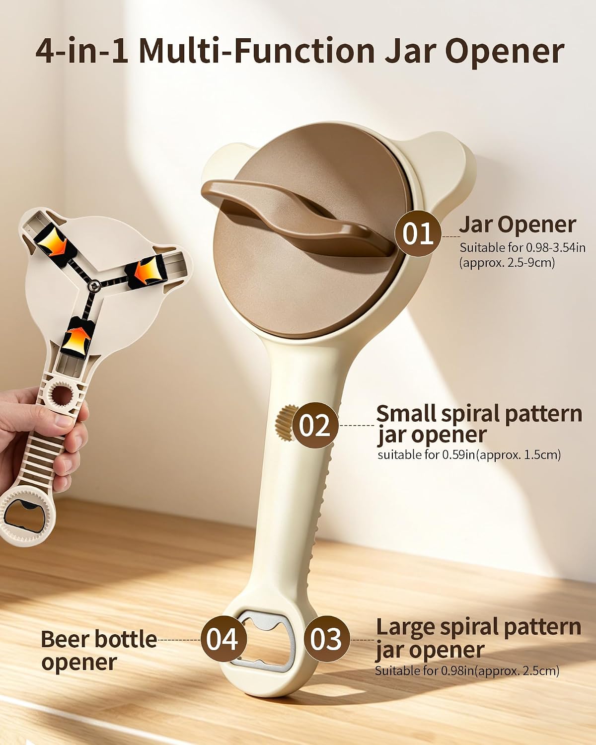4-in-1 Adjustable Jar & Bottle Opener for Seniors with Arthritis Weak Hands | 2026 New Stainless Steel Non-Slip Grip, Left-Handed Friendly, Fits Glass, Pickle & Sauce Jars, Beer, Soda & Wine Bottles