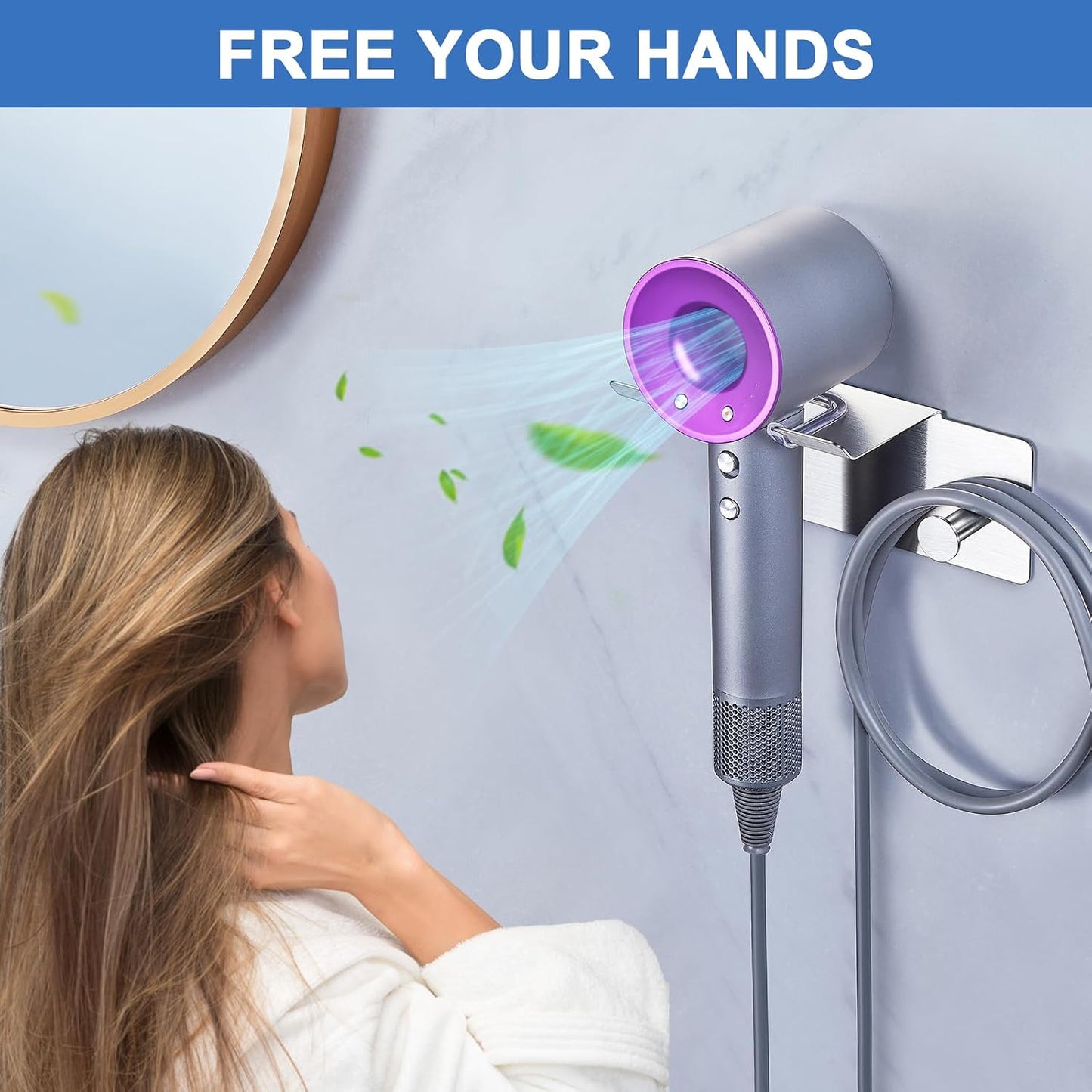Hair Dryer Holder Wall Mounted, Blow Dryer Holder Adhesive, Metal Hairdryer Holder for Bathroom, Hair Tool Organizer with Plug&Cord for Cabinet Bathroom Bedroom Barber Shops (Rose Gold)