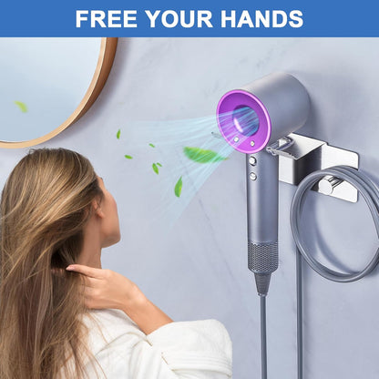 Hair Dryer Holder Wall Mounted, Blow Dryer Holder Adhesive, Metal Hairdryer Holder for Bathroom, Hair Tool Organizer with Plug&Cord for Cabinet Bathroom Bedroom Barber Shops (Rose Gold)