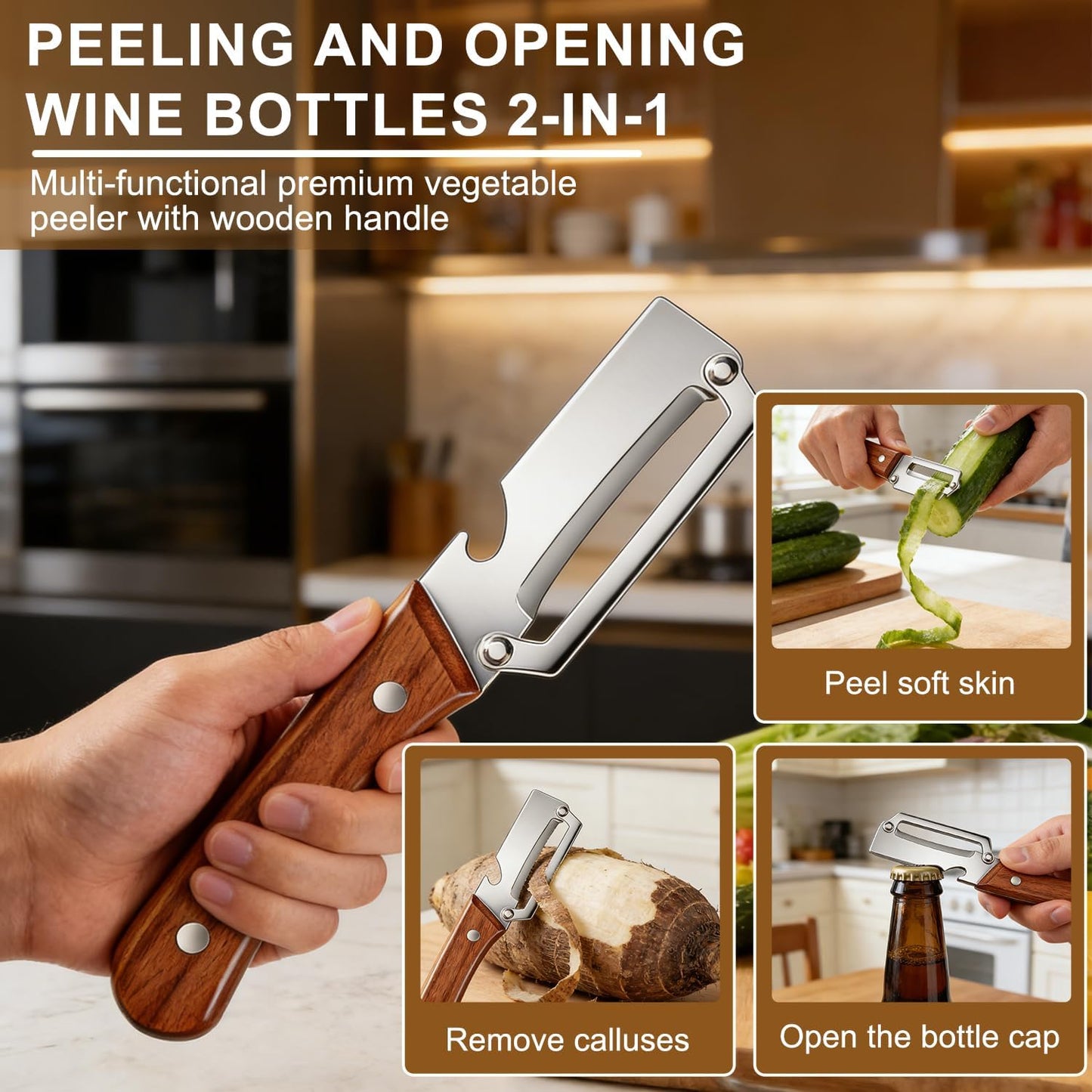 2 PCS Multi-Functional Vegetable Peeler for Kitchen, 2 in 1 Stainless Steel Vegetable Peeler with Wooden Handle and Bottle Opener, Kitchen Tool for Vegetables or Fruits that Need to Be Peeled