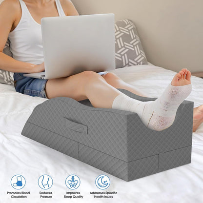 TranquilRelax Leg Elevation Pillows for After Surgery, Wedge Pillow, Grey | Memory Foam, All-around Knee & Ankle Support for Swelling, Height-adjustable, Nop-Slip Bottom, Washable Cover, Single-leg