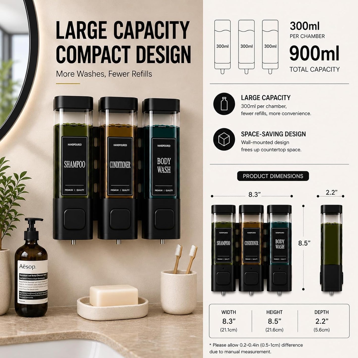 Shampoo and Conditioner Dispenser, Shower Soap Dispenser Wall Mounted, Shower Dispenser 3 Chamber No Drill for Bathroom Large Capacity (Silver)