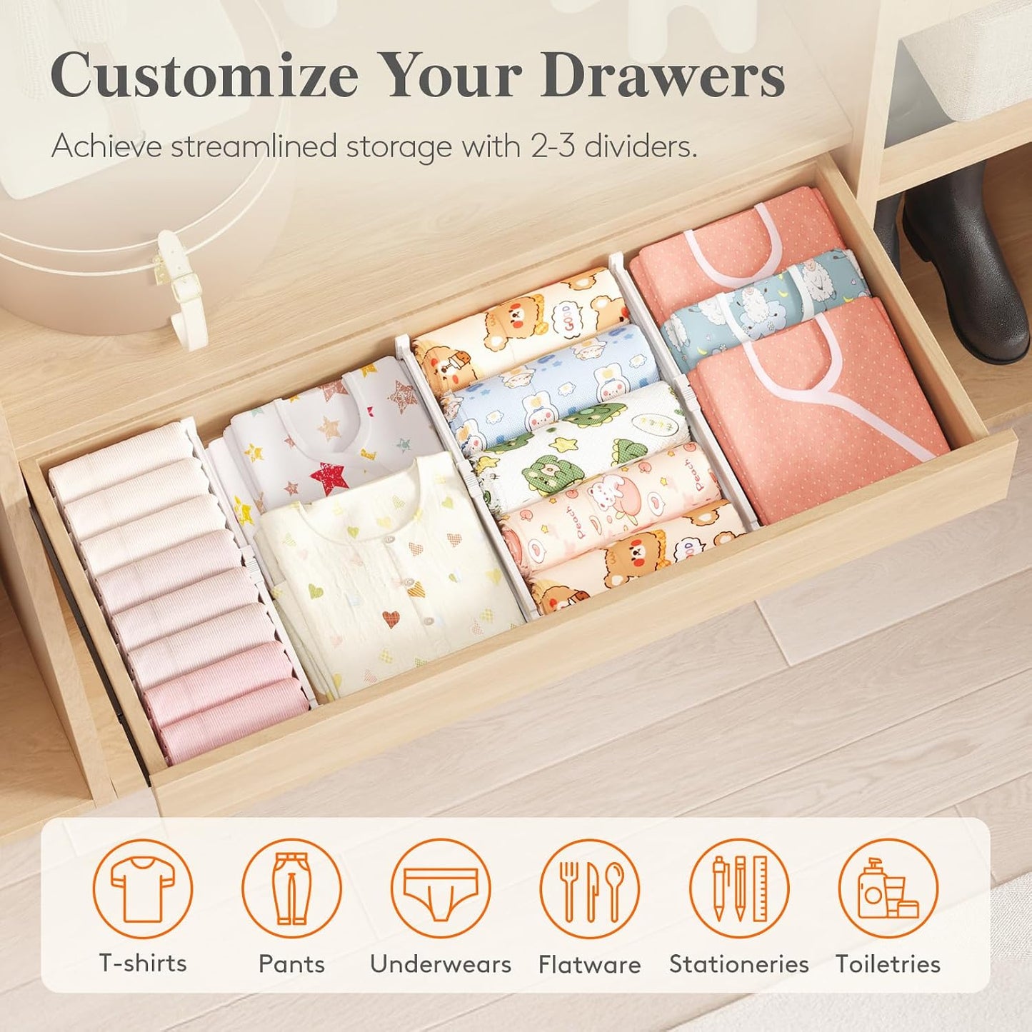 Lifewit 9 Pack 4" High Drawer Dividers, Adjustable Drawer Organizer Clothes | 10.5"-16.5" Expandable White Plastic Separators for Dresser, Kitchen, Cabinet, Nursery, Office, Socks & Underwear Storage