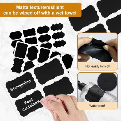 200PCS Chalkboard Labels, 13 Shapes & 3 Sizes, Reusable Blackboard Stickers | Includes 1 Liquid Chalk Marker, for Pantry Jars, Food Containers, Spice Racks & Organization
