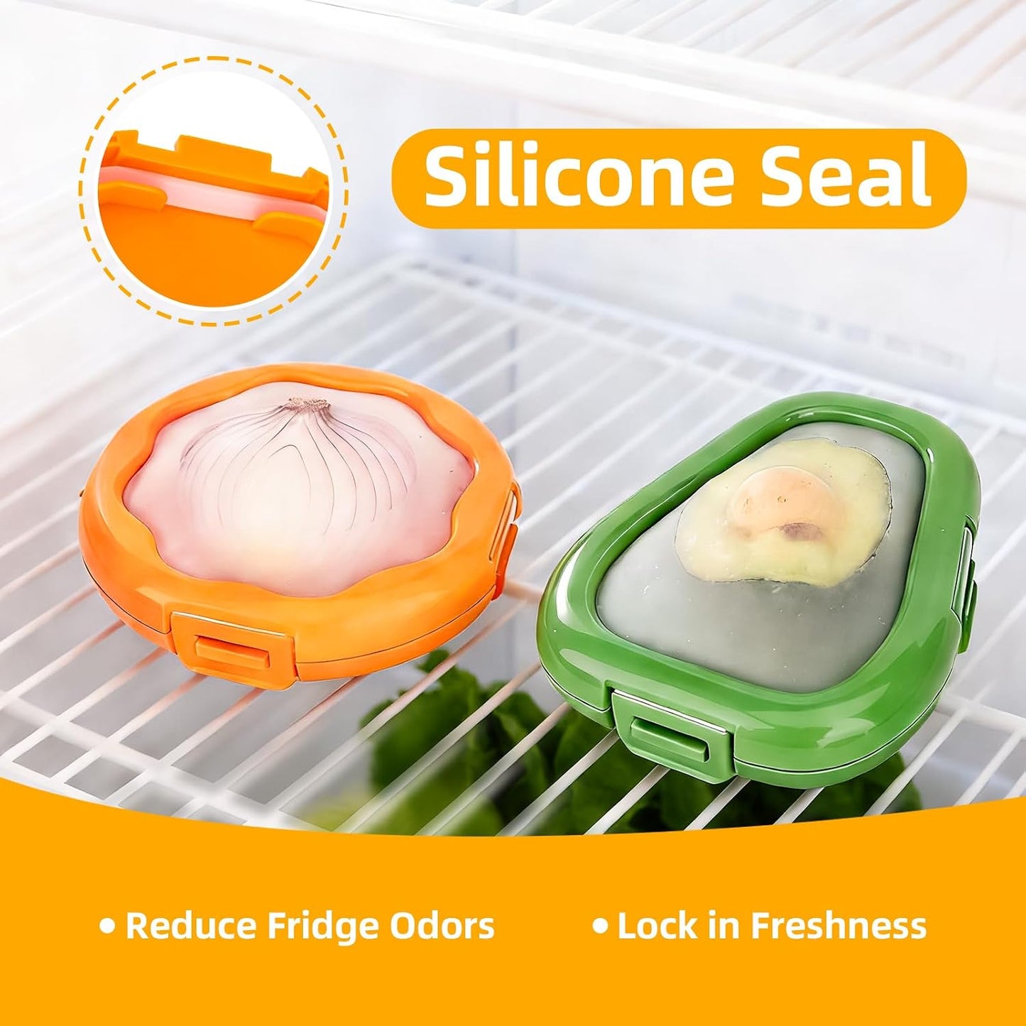 KMOSENIA Avocado Saver, Fruit Storage Containers for Fridge, 2 Pack | Avocado saver with silicone seal for fridge storage. Keeps cut fruits and vegetables fresh, organized and reusable.
