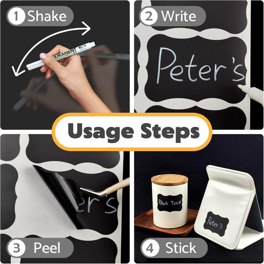 JIEHENG 180Pcs Labels for Jars,Black Wavy Stickers with 1 Chalk Markers