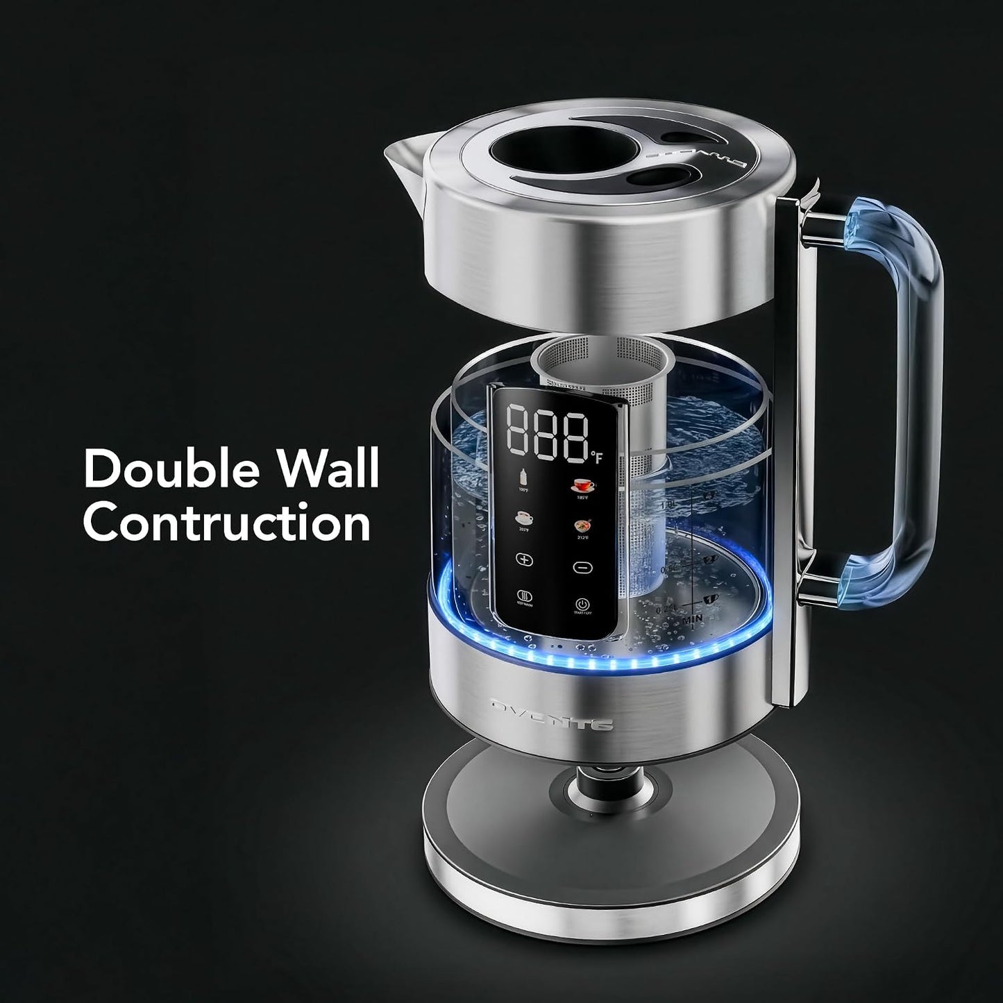 OVENTE 1.8L Glass Electric Kettle with Tea Infuser, Silver KGD752S | 1500W Fast Boiling, Easy Fill Lid, 7 Temperature Control, Keep Warm, Digital Display, Auto Shut-Off, Boil-Dry Protection