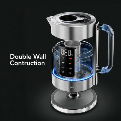 OVENTE 1.8L Glass Electric Kettle with Tea Infuser, Silver KGD752S | 1500W Fast Boiling, Easy Fill Lid, 7 Temperature Control, Keep Warm, Digital Display, Auto Shut-Off, Boil-Dry Protection