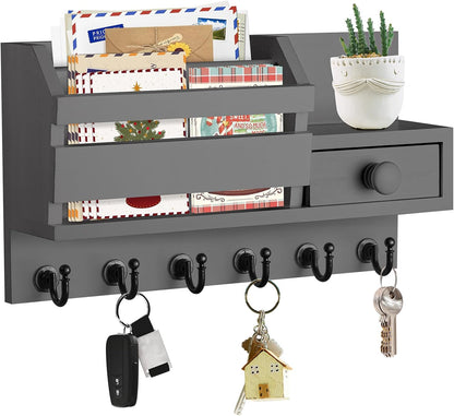 VIS'V Key Holder Wall Mount, Wooden Mail and Key Organizer, White | Contains Little Drawer, Small Shelf, 2 Slots, 6 Hooks, for Entryway, Hallway, Doorway, Kitchen, Garage, RV
