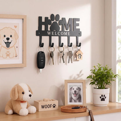 Key Holder Wall Mount Paw Print Metal Key Hooks Organizer Dog Leash Holder with 5 Hooks Rustic Farmhouse Decorative Welcome Home Wall Decor for Entryway Bathroom Dog Lover 9.8 Inch