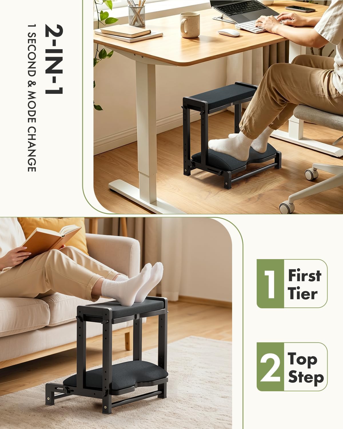 Amazer Bamboo Foot Rest for Under Desk at Work, 2-in-1 Reversible Rocking Footrest Adjustable Foot Stool, Ergonomic Footrest for Under Gaming Desk, Feet Support Leg Footstools for Home Office