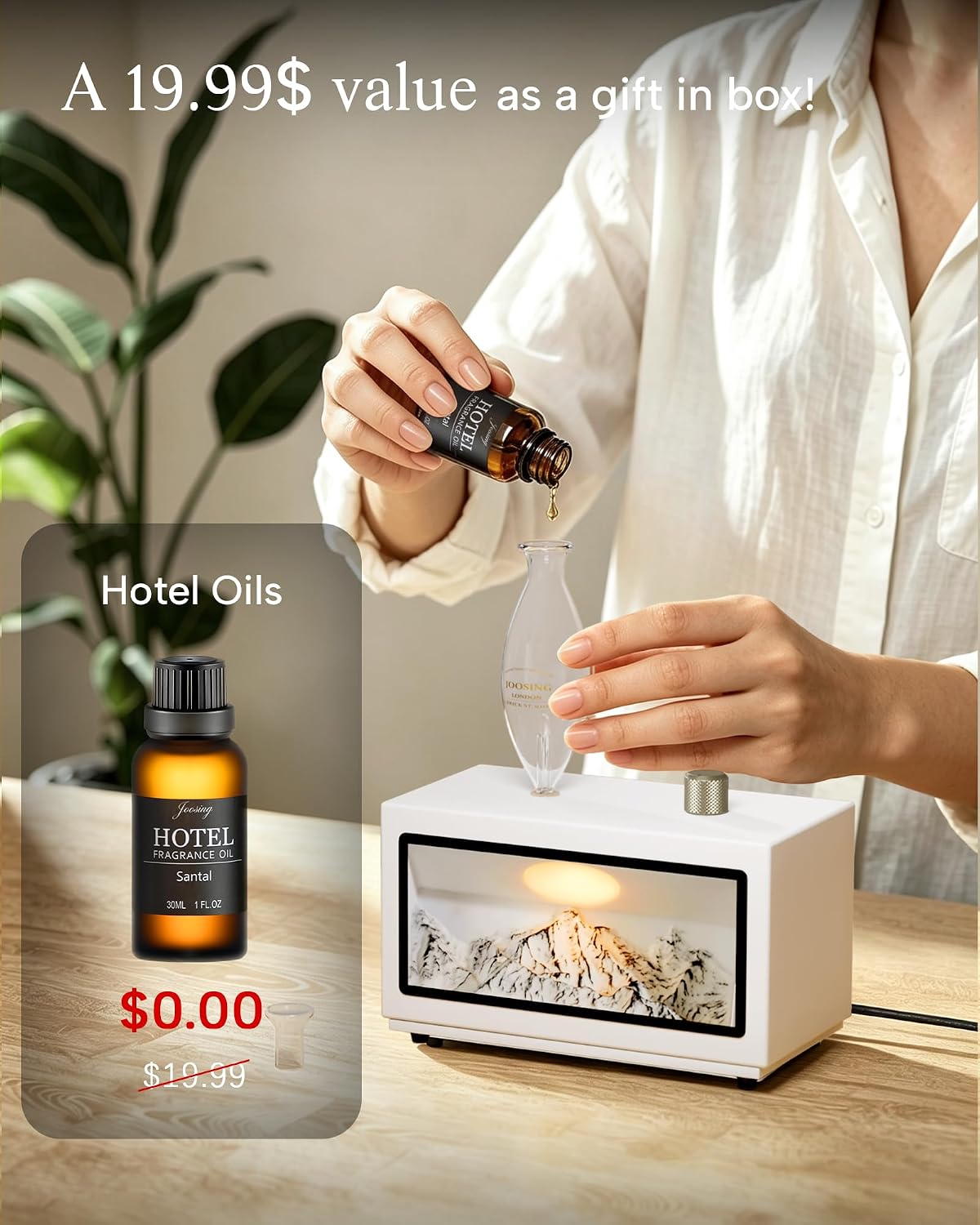 Waterless Oil Diffuser with Wood Base, Tempered Glass Bulb, 3 Color Light