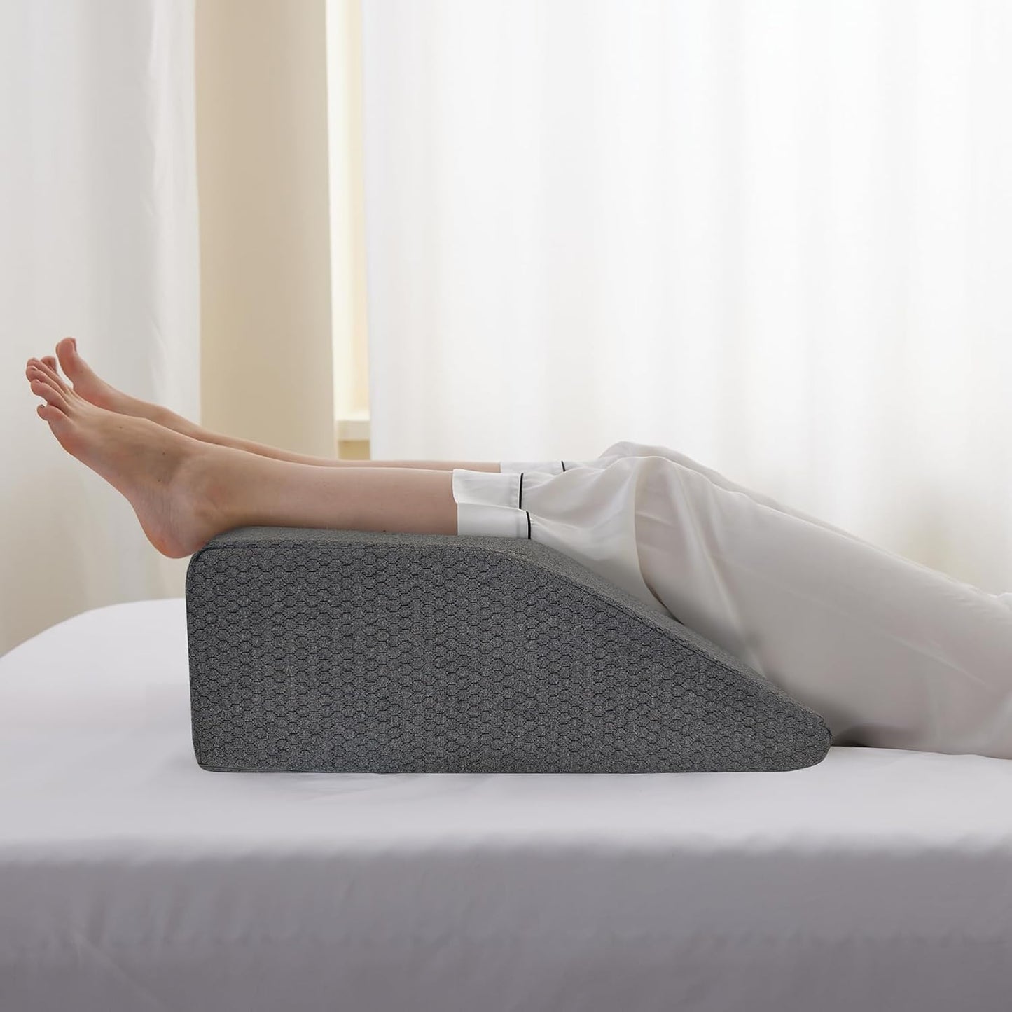 Bedluxe Leg Pillow Elevation Blood Circulation, Wedge Pillow for Legs Swelling, Leg Elevating Wedge Pillow for After Surgery, Foot Knee Pillow for Leg Rest, Sleeping, Memory Foam Top, 8in, White/Grey