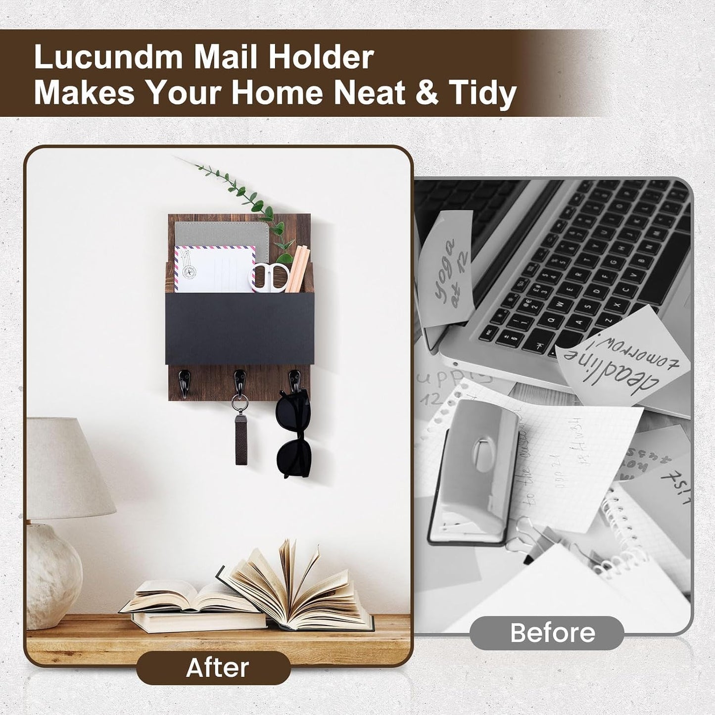 Key and Mail Holder for Wall Mount, Mail Holder with Chalkboard | Mail Organizer with 2 Slot, Key Holder with 3 Sturdy Hooks for Coat, Dog Leash, Decorative Key Rack (8.86”W x 11.42”H x 3”D)