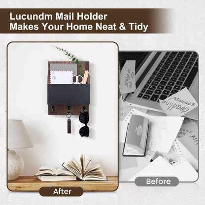 Key and Mail Holder for Wall Mount, Mail Holder with Chalkboard | Mail Organizer with 2 Slot, Key Holder with 3 Sturdy Hooks for Coat, Dog Leash, Decorative Key Rack (8.86”W x 11.42”H x 3”D)