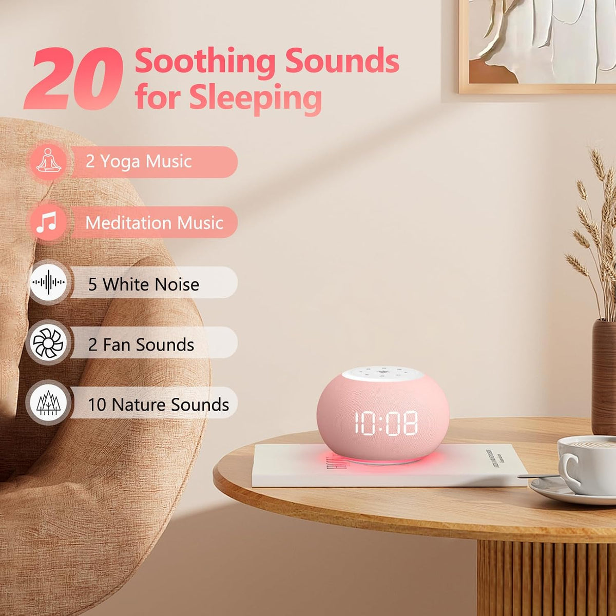 REACHER Auto Dimmable Sound Machine Alarm Clock with Night Light for Girls