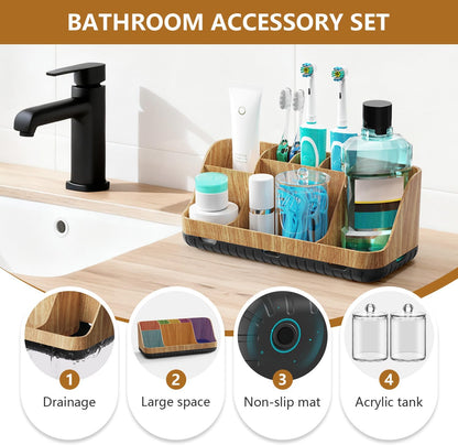 GFWARE Black Toothbrush Holder - 7 Slots Bathroom Organizer Countertop with Drainage Matte Black Electric Toothbrush and Toothpaste Holder for Bathroom Accessories Sink Storage