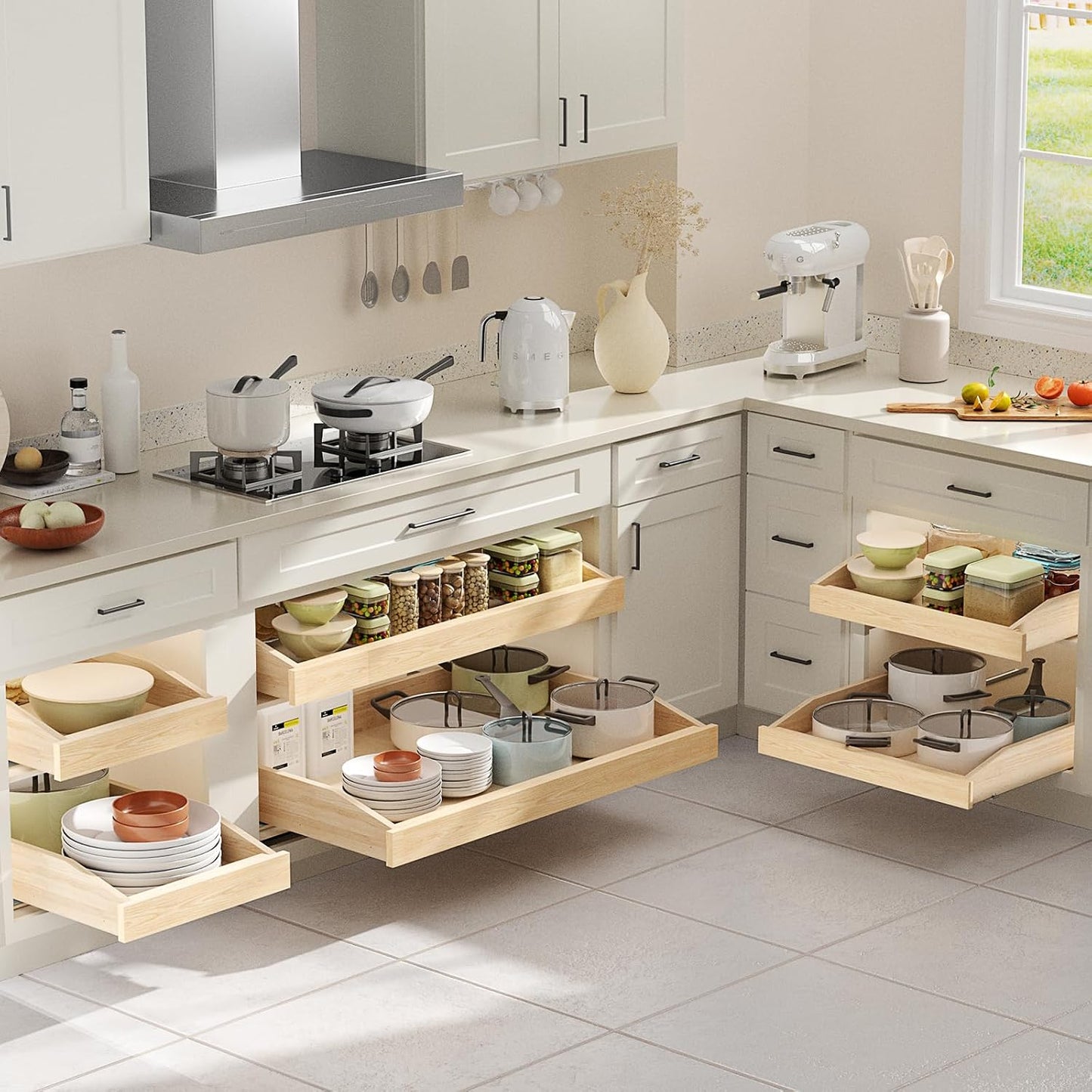 LOVMOR Single Pull Out Cabinet Organizer 28½”W x 21”D, Soft Close Slide Out Drawer Storage Shelves for Kitchen, Wood Cabinet Shelf Pull-Out Organizer Storage for Base Cabinets