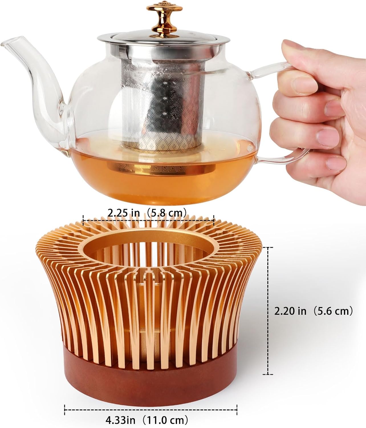 Tea Warmer, Aluminum Alloy & Wood, for Heating Tea Coffee Milk | Magnolia Flower Design, Golden, Short Teapot Warmer for Indoor & Outdoor